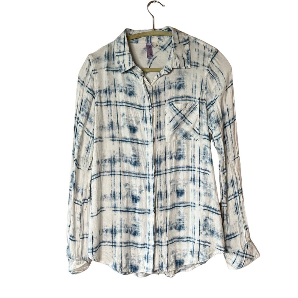 alya women button down shirt long sleeve plaid relaxed Sz small white blue